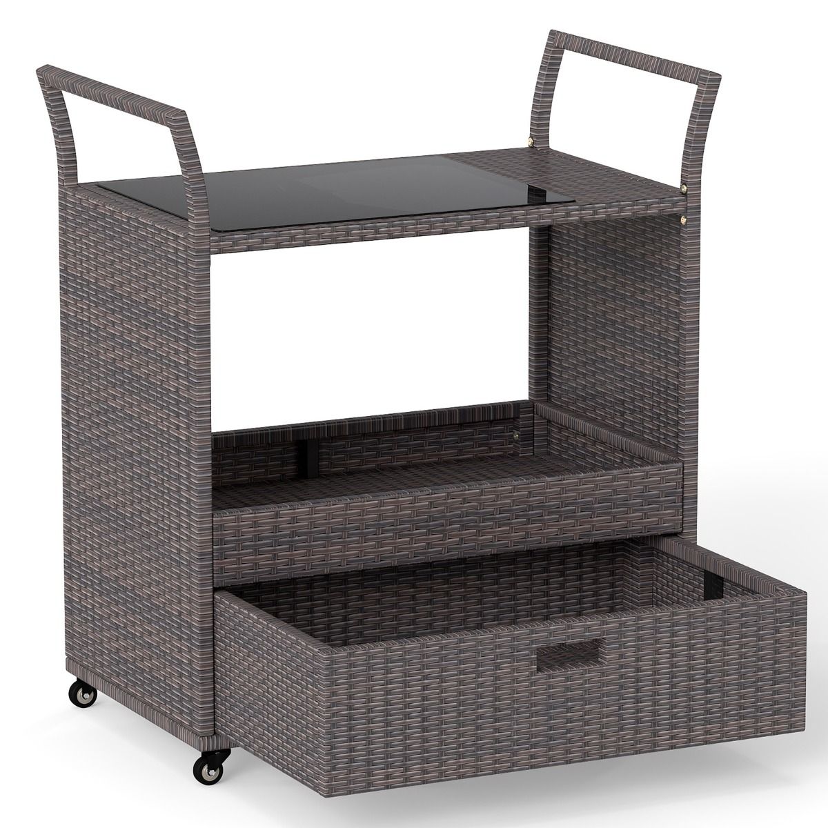Coast Rieten Barwagen - met gehard glazen blad - grote lade en open plank - bruin - 85 x 47 x 92 cm