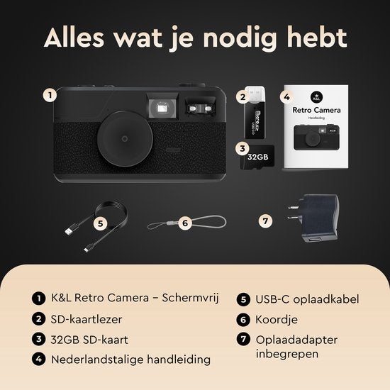 K&L Digitale Camera - Schermvrij - Oplaadbaar - 16.000 Foto's - Fotocamera - Vintage - Inclusief 32GB - Duurzaam - Zwart