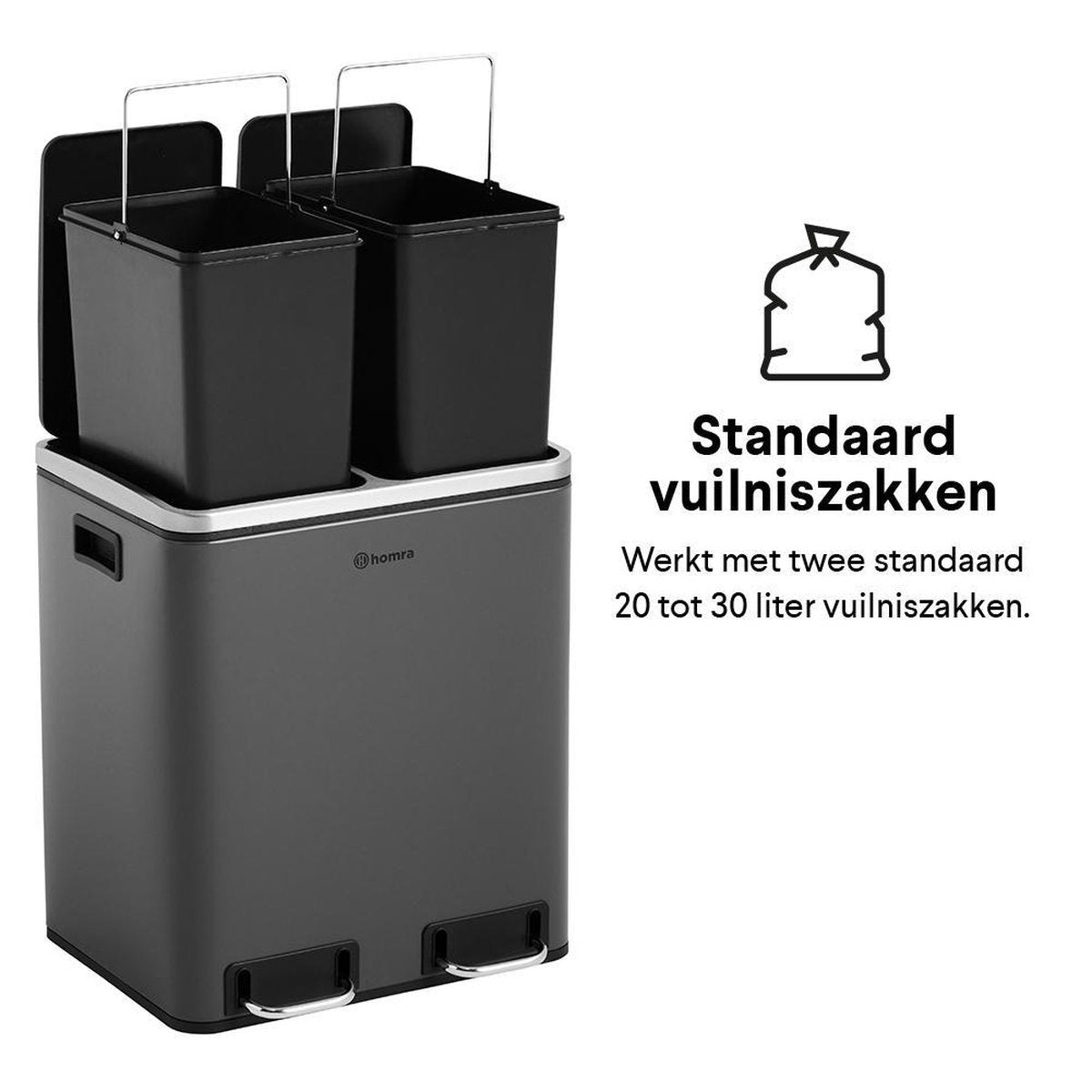 Homra BLINQ Afvalscheiding prullenbak met 2 vakken - 2 x 15 L inhoud - Duo pedaalemmer Grijs - Afvalemmer 30 Liter - Recycle Afvalbak - Grijze Afvalscheidingsprullenbak - Hygiënisch Afval Scheiden - Keuken Vuilbak - Kantoor