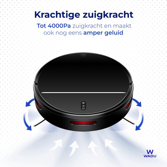 Wadu Robotstofzuiger – Met dweilfunctie, 2500Pa zuigkracht & 600 ml stofbak – 120 min batterijduur – Ø32 x 7,8 cm – Zwart