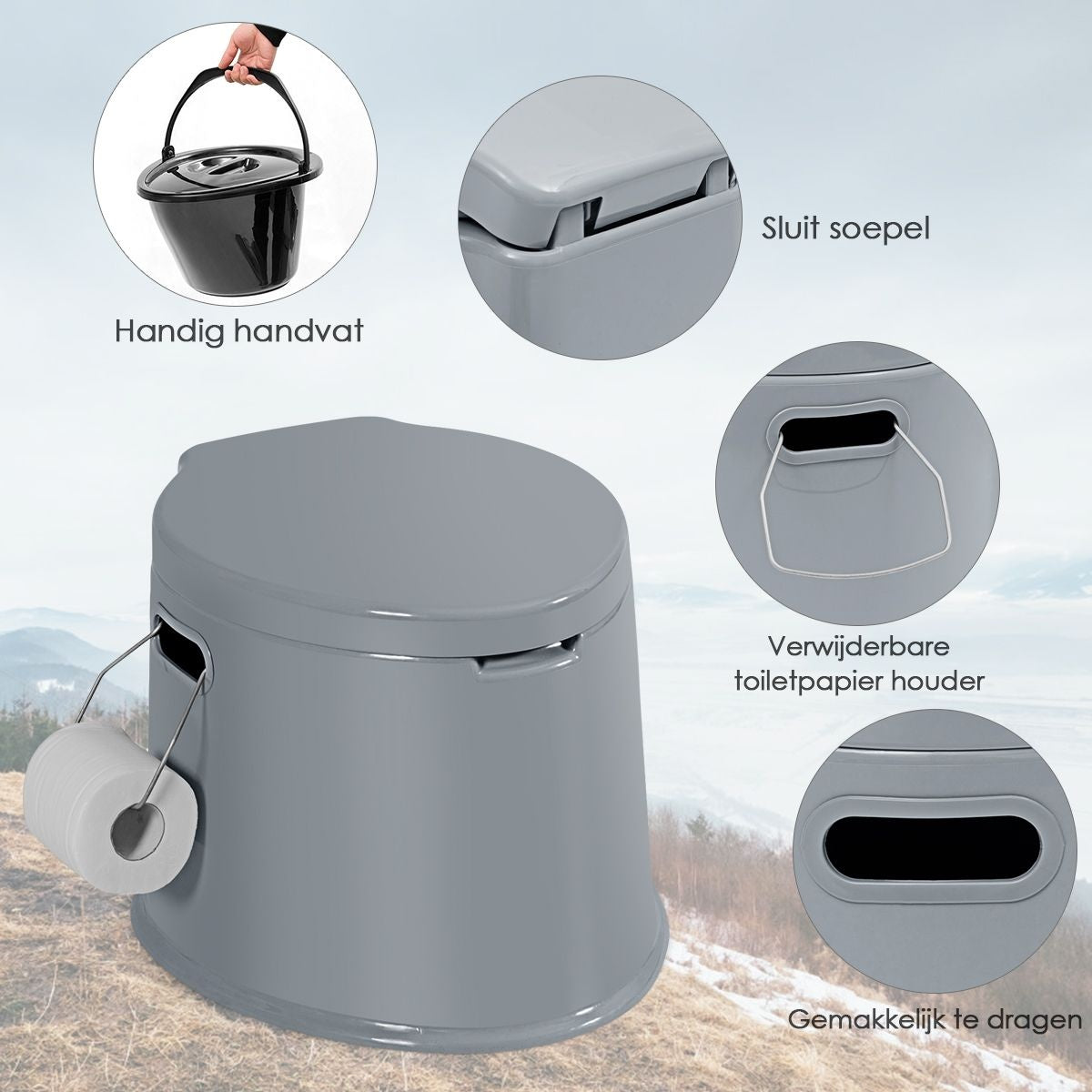Coast Draagbare Toiletpot voor op Reis - Uitneembare Binnenemmer - Toiletpapierhouder - 41 x 49 x 34 cm - Grijs