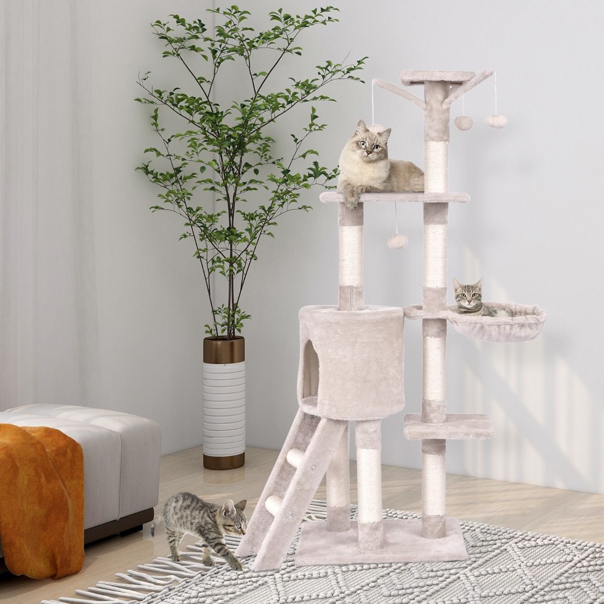 Coast Krabpaal voor katten - 6 verdiepingen - sisalpalen en pluche bekleding - beige - 93 x 36 x 140 cm