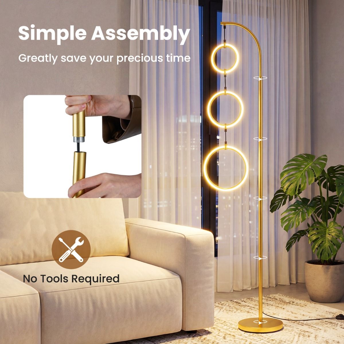 Coast Staande Lamp - dimbaar met voetschakelaar - 3 LED-lichtringen - goud