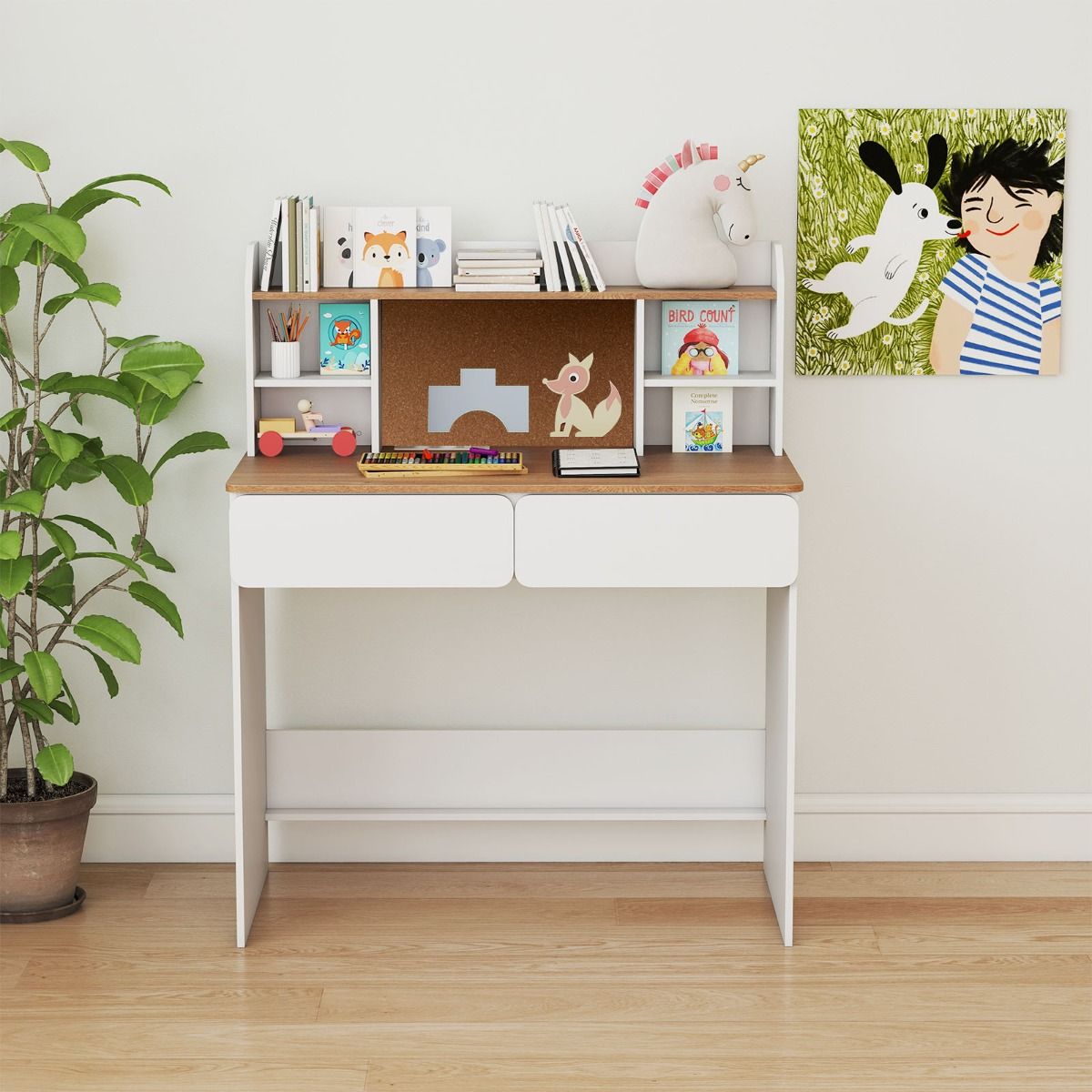 Coast Kinderschrijftafel met kurken prikbord - oplaadstation - ruime opbergruimte - wit