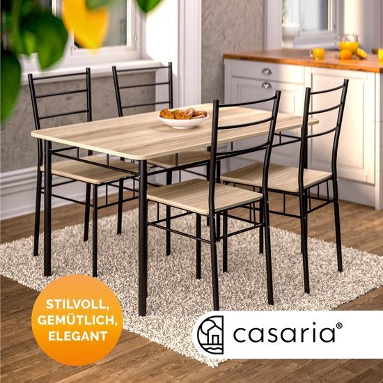 Casaria Eetkamerset Leo - 1x Eettafel 4x Stoel - Lichte Eik