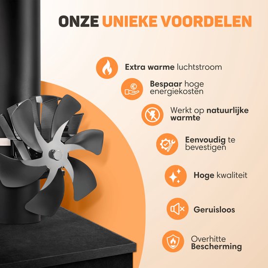 Vulpes Goods® Tech - Kachelventilator voor Houtkachel - Haardventilator - Ecofan - Warmte Ventilator - 6 Bladen - Incl. Thermometer & Handschoen - PRO versie