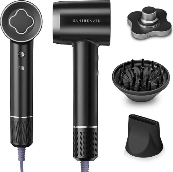 Sansbeauté® Föhn met Diffuser – Krullen – 110.000RPM - Ionische Haardroger met Borstel - 3 Standen - 3 Opzetstukken – Reisföhn - Coolshot – Haarföhn met Diffuser – Hair Dryer - 2000W - EssentiaPRO®