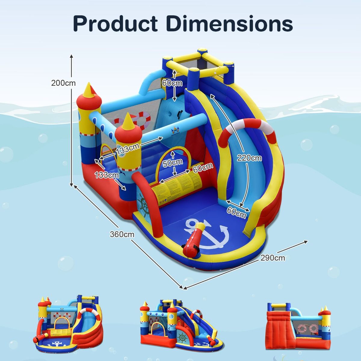 Coast Opblaasbaar Speelkasteel Piratenschip - 5-in-1 Waterpark met Glijbaan en Klimwand - Inclusief Waterpistool en Ventilator - 360 x 290 x 200 cm