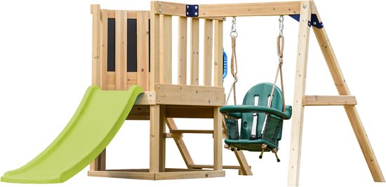 AXI Timo Mini Speeltoestel met Babyschommel, Klimwand en Krijtbord – Rode Glijbaan – FSC hout – Klein speeltoestel voor de tuin / buiten