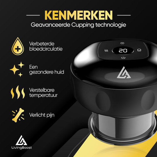 LivingBoost® - Elektrische Cellulite Massage Apparaat - Inclusief Gua Sha - 12 Standen en Temperaturen - Full Body - Cupping Cups Set Massage - Cellulite Cups - Anti Cellulitis