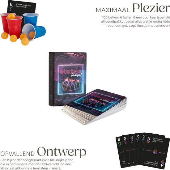 tectake® Beerpong Tafel - Met Feestdecoratie - LED-verlichting - Bierpong Tafel in Hoogte Verstelbaar en Inklapbaar - Drankspel met Accessoires - 100x Plastic Bekers, 6x pingpongballen, Kaartspel met Kaarten