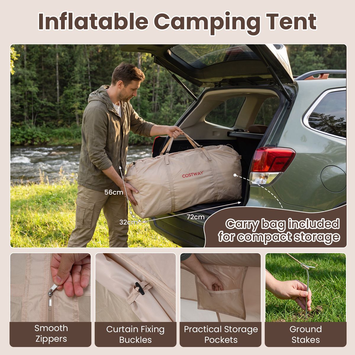 Coast Opblaasbare Kampeertent - 4 personen - 2 deuren en dakraam - kaki - 295 x 205 x 200 cm