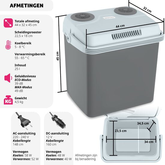 tectake® - Elektrische koelbox met 25 l - Koel- en warmhoudfunctie - Stille elektrische koeltas - Voor auto of stopcontact - Mini-koelkast voor camping, dranken - Thermobox met stroom - Eco Modus
