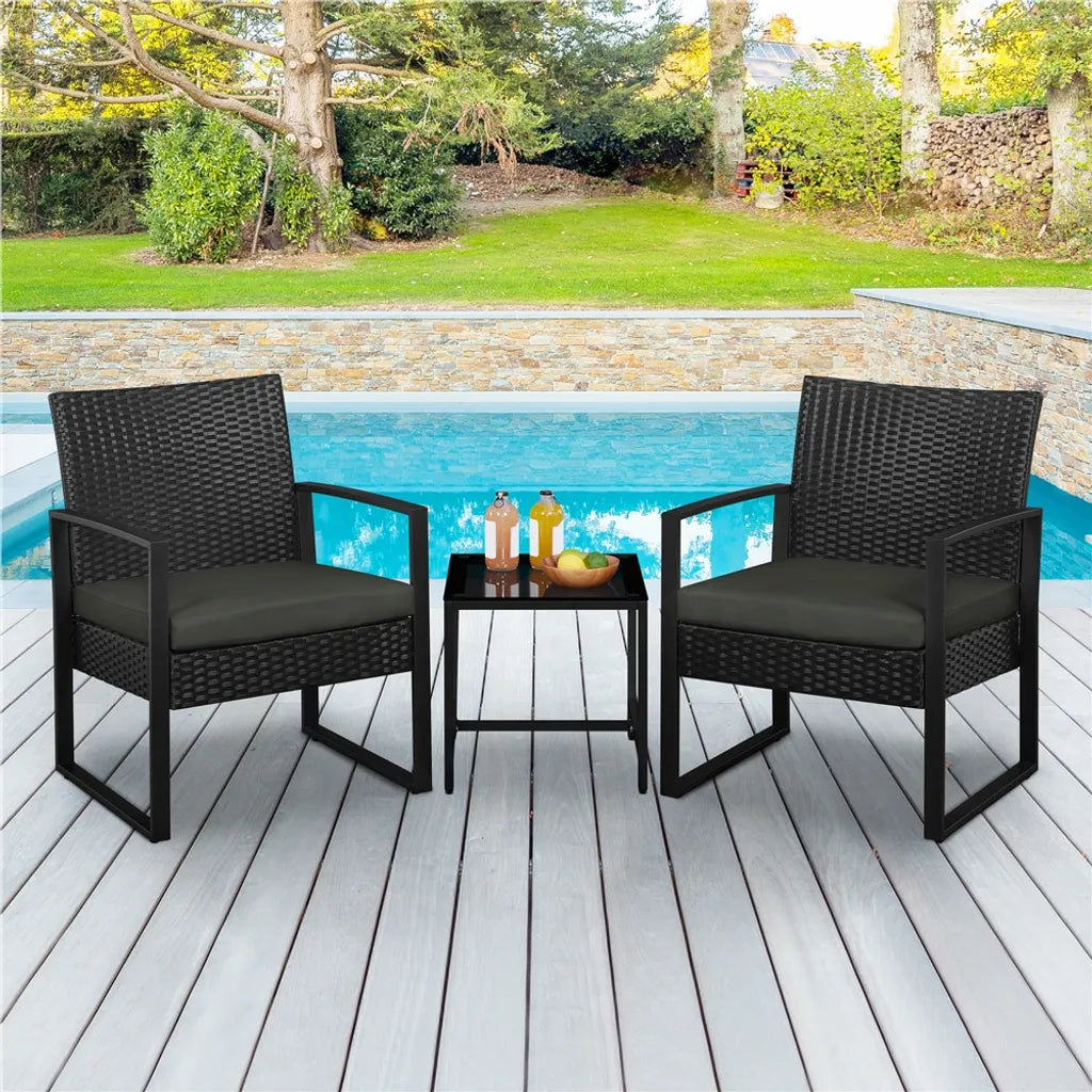Yaheetech Tuinmeubelset 3-delig - Zwart/Grijs - Polyrattan Balkonset met Bijzettafel