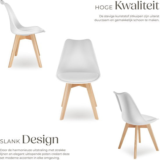 tectake® Eetkamerstoel Frederikke - Set van 4 Eetkamerstoelen met Gevoerde Stoffen Zitting - Massief Houten Poten - Ergonomische Stoelen geschikt voor Woonkamer, Eetkamer, Slaapkamer en Keuken - Draagkracht 120kg - Wit
