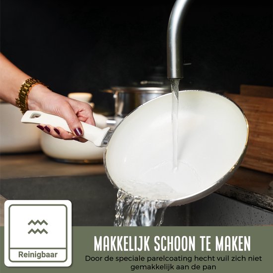 COOCK 19-Delige Pannenset Inductie - Speciale Anti-Aanbak Coating - Ergonomische Koudgrepen - Gerecycled Aluminium - koekenpannenset - kookpottenset - Wit - Inclusief Onderzetters en E-book