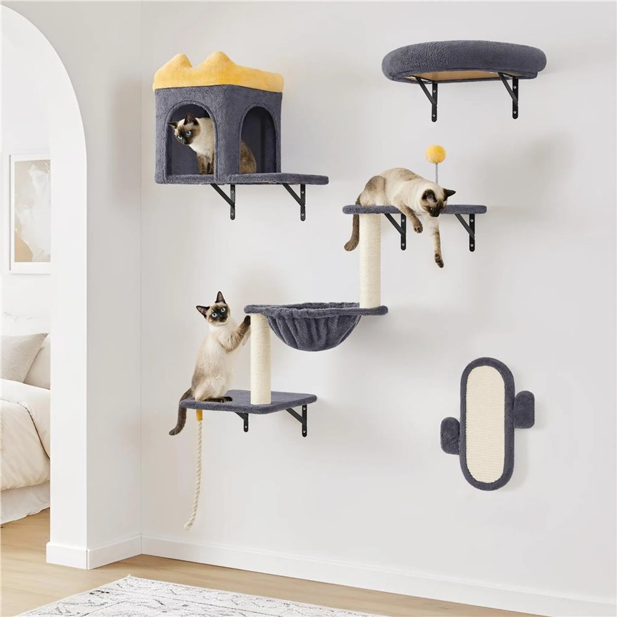 Yaheetech Kattenmeubels Voor Wandmontage Set – 49 x 30 x 40 cm – Voorzien Van Kattenhol En Ligmand En Sisal Krabpalen En Meerdere Platforms – Voor 1-5 Katten – Donkergrijs Pluche En Metaal