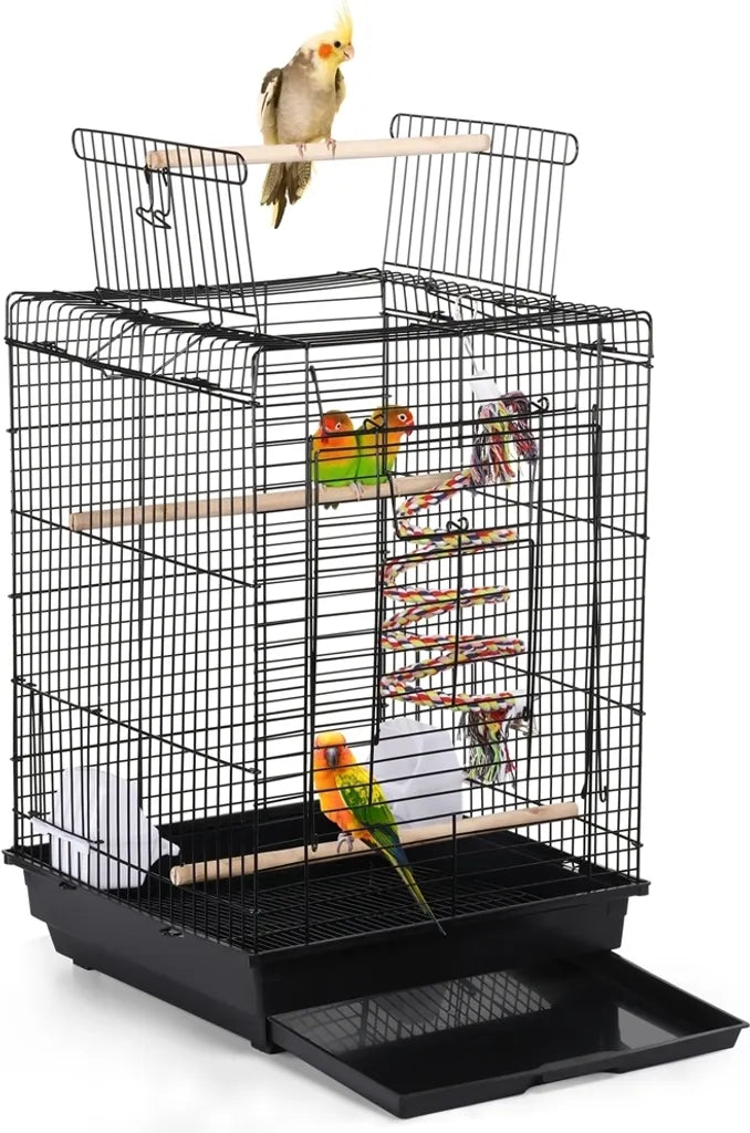 Yaheetech Vogelkooi met Speelgoed en Openklapbaar Dak - Zwart - 40 x 40 x 58 cm