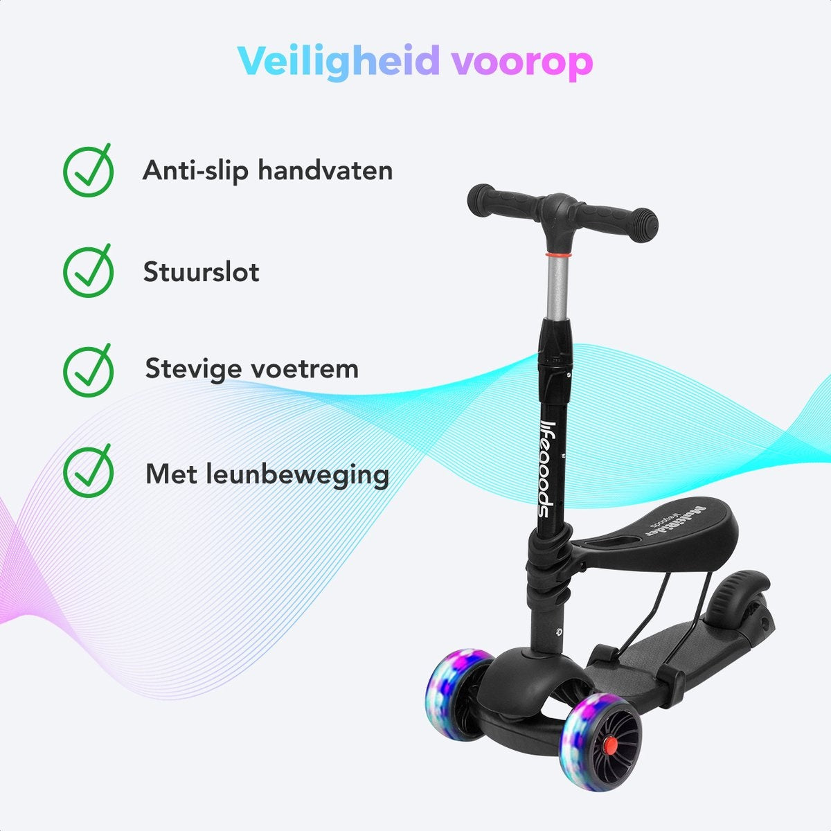 LifeGoods MultiRider Kinderstep - Step 3-8 Jaar - Verstelbaar Zitje - Lichtgevende Wielen - Jongens/Meisjes - Zwart