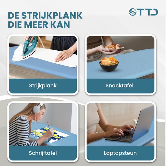 TTD® Uitklapbare Strijkplank Zonder Vouwlijn - Inclusief Mouwplankje en Ophanglus - Mini Strijkplank met Strijkijzerhouder - Opvouwbare Tafelstrijkplank - Kleine Inklapbare Strijkplank