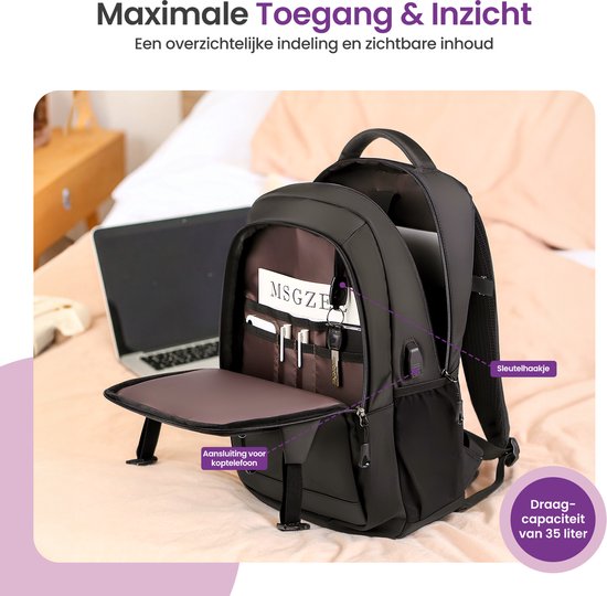 Gofun Rugzak – 35L – 15,6 inch – Waterafstotend & Anti-diefstal – USB-aansluiting – Rugtas – Schooltas – Laptoptas – Zwart
