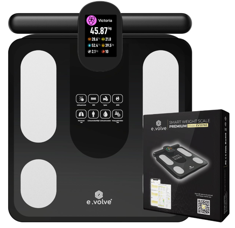 e.volve Slimme Weegschaal Pro – Digitale Personenweegschaal Met Handvat En 8 Elektroden – Lichaamsanalyse Met 32 Metingen – USB Oplaadbaar – Zwart