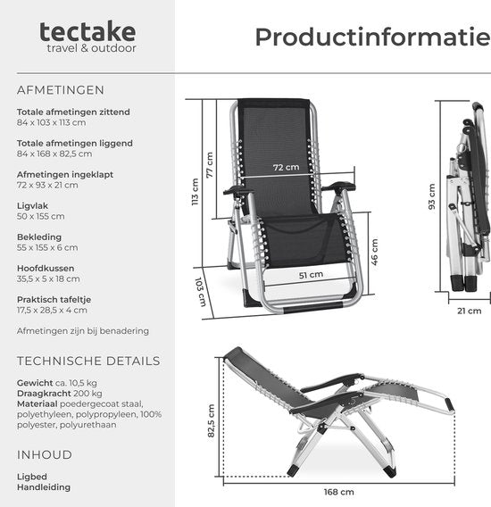 tectake® Opvouwbare Ligstoel Cloud - Tuinstoel met Tafeltje - Bekerhouder - Traploos Verstelbaar - Voor Balkon, Camping of Tuin - Relaxstoel met extra dik Kussen - Strandstoel - Ligbed - Div. kleuren - Zwart