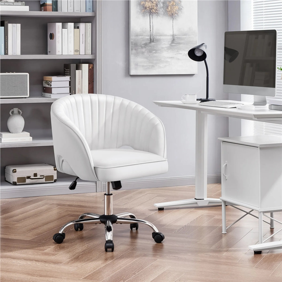 Yaheetech Stijlvolle Bureaustoel met Verticaal Patroon 73-83 cm – Wit – Polyester en Metaal