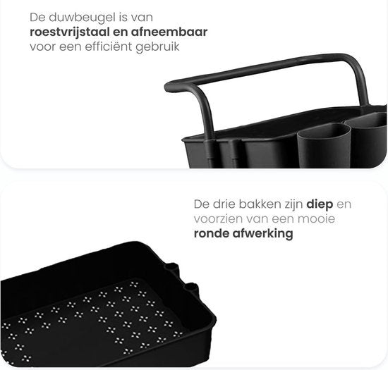 Goliving Keukentrolley op wieltjes - Serveerwagen - Keuken Trolley - Met Haakjes en Bakjes - Verrijdbaar en Vast - 3 Lagen - Zwart