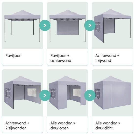 LifeGoods Partytent - Paviljoen - Easy Up - Opvouwbaar - Met Zijwanden - Waterdicht - Met Draagtas Met Wieltjes - 292 x 292 cm – Donkergrijs