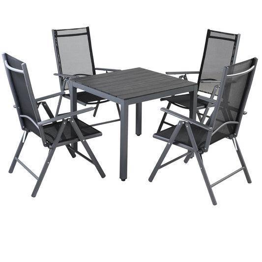 Tuinset 4 + 1 Klapstoelen Tuintafel – Aluminium 80x80cm - Grijs