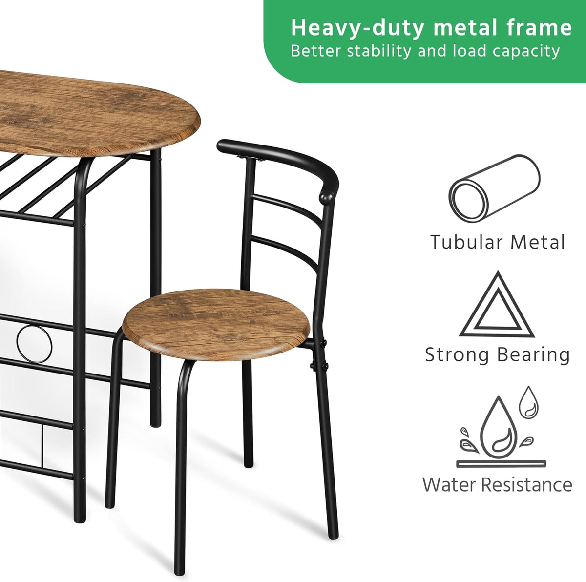 Yaheetech Eettafelset voor 2 Personen - Tafel 80 x 53 x 75,5 cm met 2 Stoelen - Met Opbergplank - Bruin