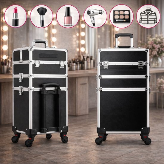 Travli Make Up Trolley - Make up koffer - Kapperskoffer - Beautycase - Cosmetica koffer - 106* 40* 31,5 cm - Zwart
