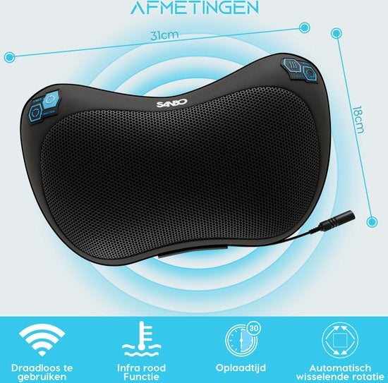 Sanbo Shiatsu Massagekussen - Draadloos - Massageapparaten - Met Warmtefunctie - Zwart
