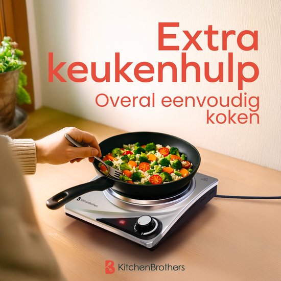 KitchenBrothers Elektrische Kookplaat - 1 Pits - Vrijstaand - 7 temperatuurstanden - 1500W - RVS/Zwart