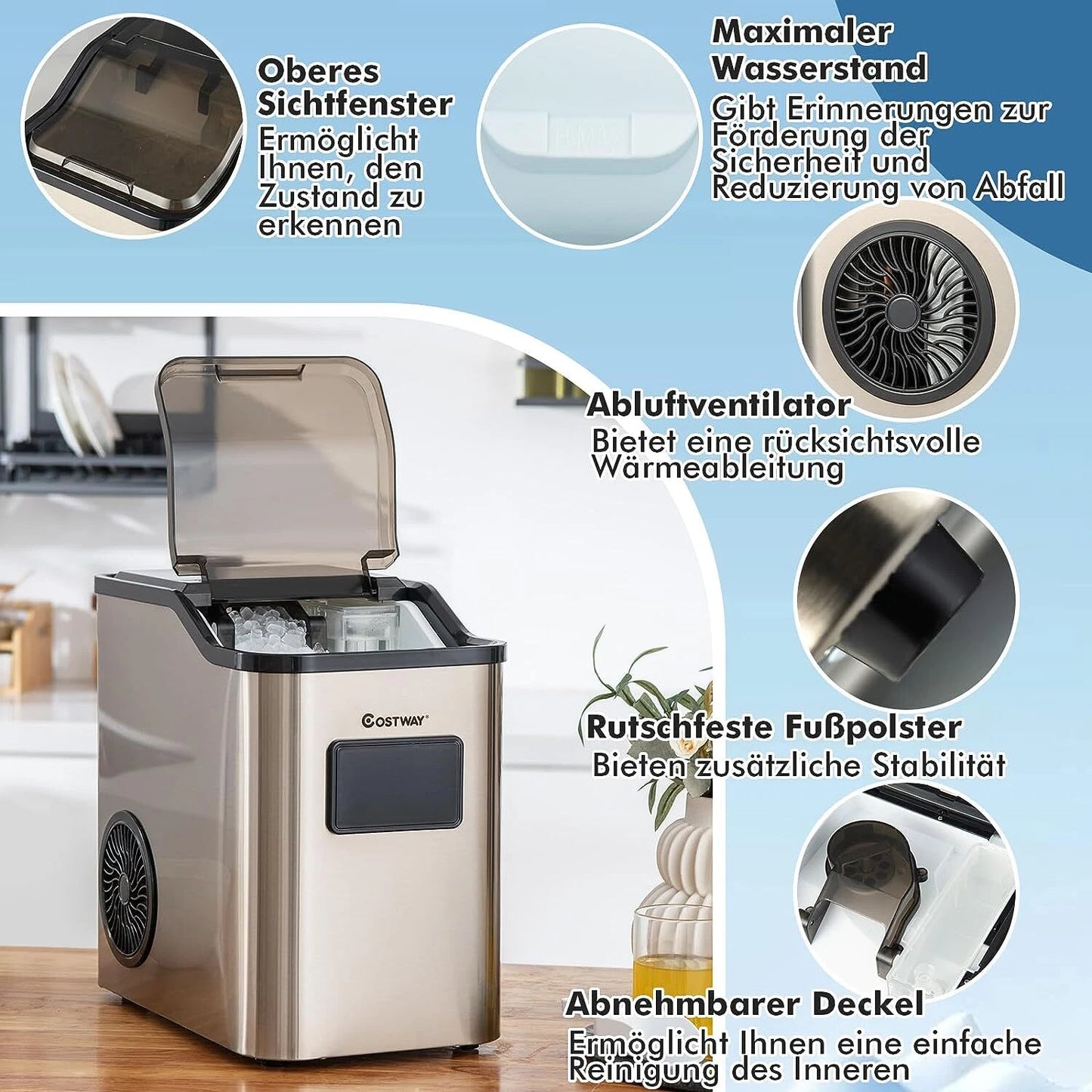 Coast Nugget Ijsblokjesmachine - Crushed Ice Maker - 24 kg/dag - 2,5L Watertank - Zilver - 38,5 x 24 x 38 cm