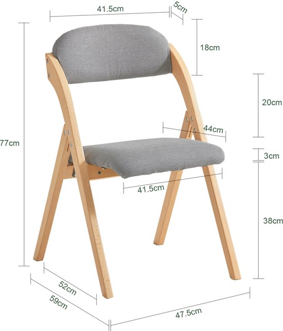 SoBuy Set van 2 Klapstoel, Bureaustoel met Gestoffeerd Zitkussen, Eetkamerstoel, Natuur/Grijs, 47.5x77x59 cm, FST92-Nx2 - voor eetkamer, balkon of kantoor