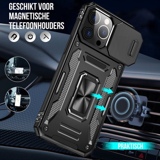 Podec Hoesje geschikt voor iPhone 15 Pro Max Zwart Telefoonhoesje - Anti-Shock Case Cover Hybrid Armor Hoes met Kickstand Ring met Screenprotector