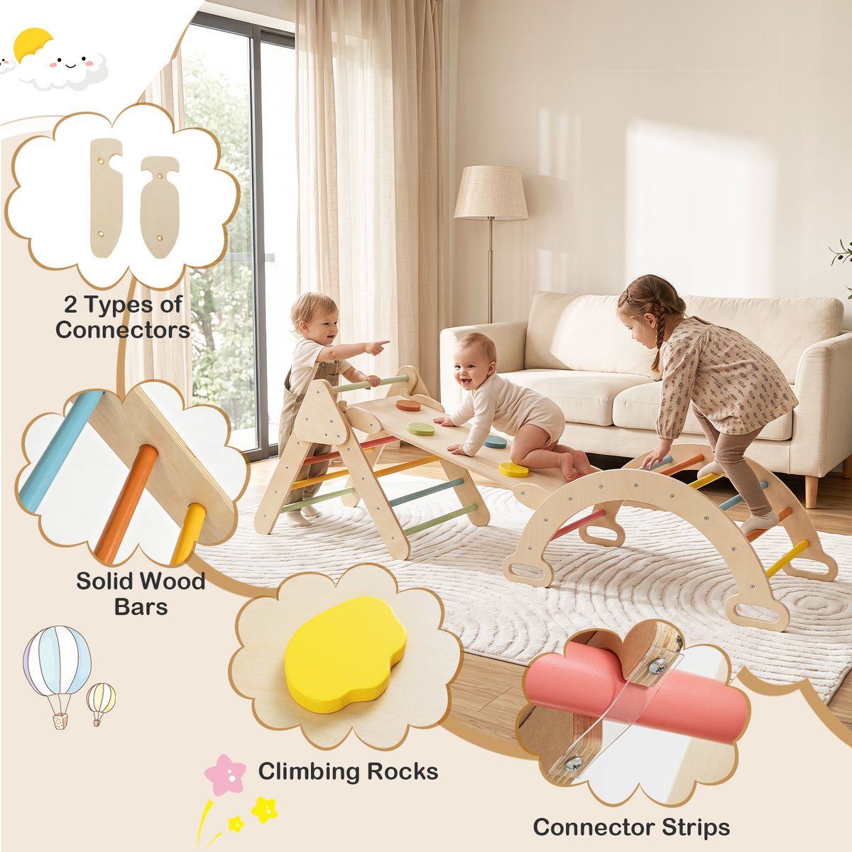 Coast Montessori klimset van hout - 3-in-1 speelset met klimdriehoek, klimboog en helling - kleurrijk