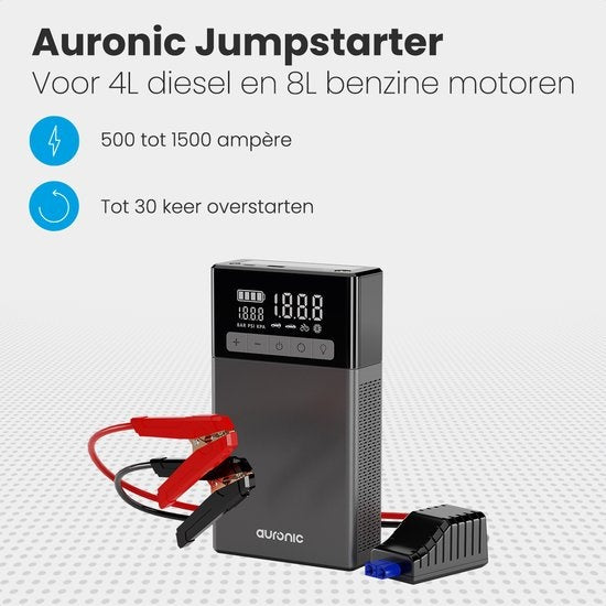 Auronic 12V Jumpstarter – Starthulp voor Auto's - Met Compressor en Bandenpomp – 1500A - 4L Diesel 8L Benzine - Zwart/Grijs
