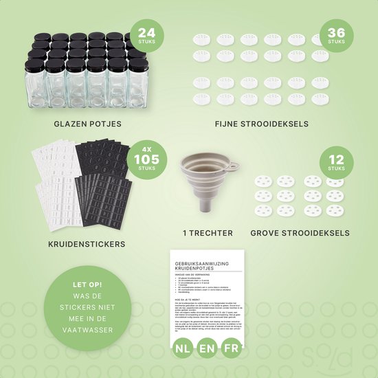 S.old - 24 Glazen Kruidenpotjes vierkant met Deksel Zwart - Kruidenstrooier - Complete set met Strooideksels, Voorbedrukte Stickers en Trechter - Inhoud 120 ml - 10,5 x 4,3 cm