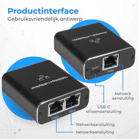 Nuvance - Internet Splitter - 2 Poorten - Netwerk Switch - tot 1000Mbps - Netwerk Splitter - RJ45, Cat5, Cat6, LAN, UTP, Ethernet Splitter - Zwart