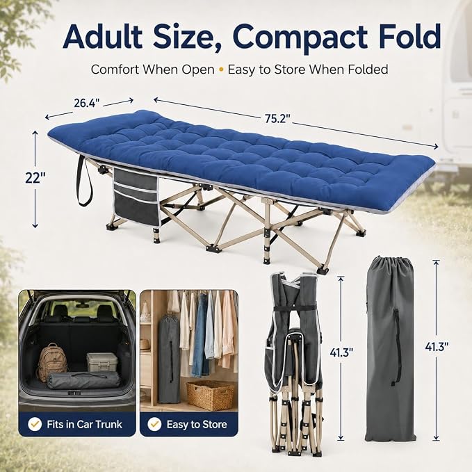 Yaheetech Opvouwbaar Campingbed met Matras - 190 x 68 cm - Zwart - Veldbed met Draagtas en Opbergvakken