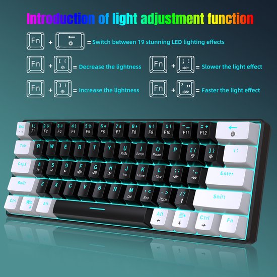 HXSJ V900 - Bedrade Gaming Toetsenbord - Mechanisch - RGB - Blue Switch - 61 Keys - QWERTY Toetsenborden - Zwart wit