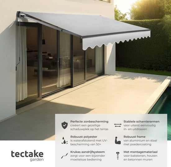 tectake® Zonnescherm met Knikarm - 300 x 250 cm - Zonneluifel - Zonwering voor Raam, Balkon, Buiten - Te Monteren aan Muur - Water- en UV-Bestendig - Lichtgrijs