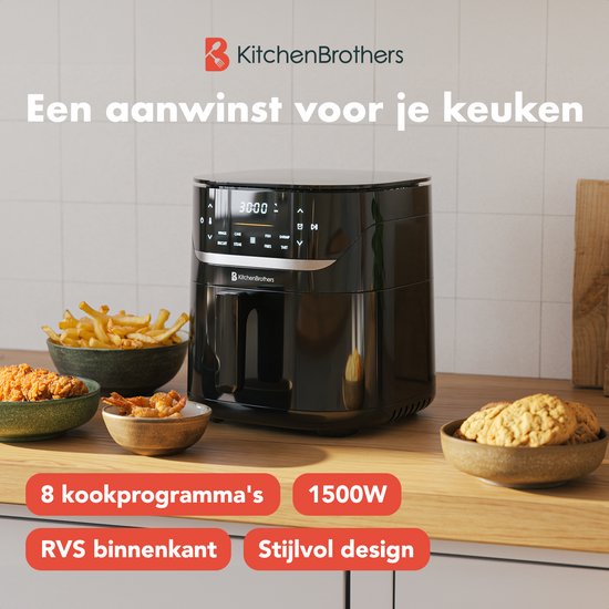 KitchenBrothers Airfryer XL - 5L - 1500W - Heteluchtfriteuse - 80ºC tot 200ºC - 8 Kookprogramma's - Zwart