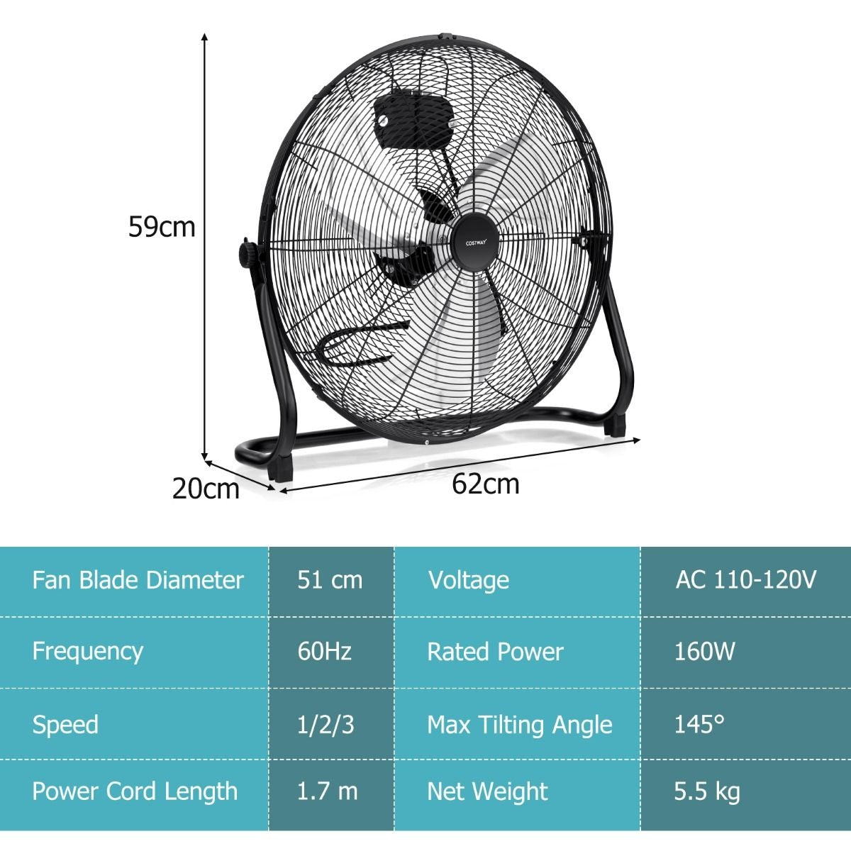 Coast Vloerventilator - 3 Snelheden - 145 ° verstelbaar - 160W - 62 x 20 x 59 cm - Zwart
