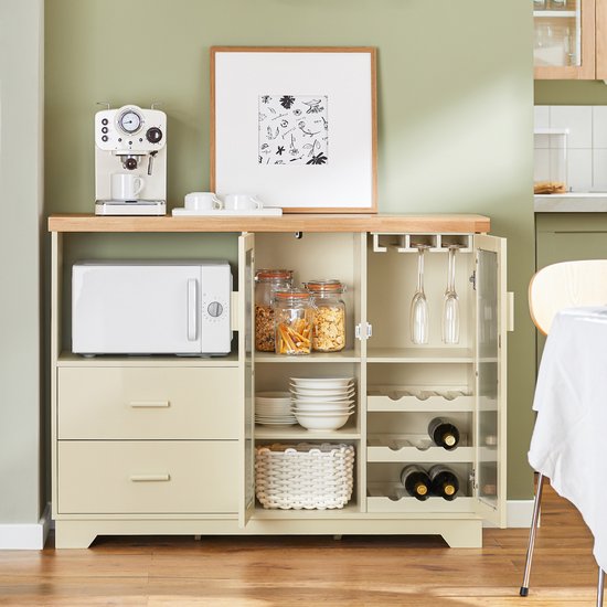 SoBuy Buffetkast Met Laden – 120 x 40 x 90 cm & Met Glazen Deuren – Voorzien Van Interne Planken En Flessenrek – Beige Gelakt Mdf
