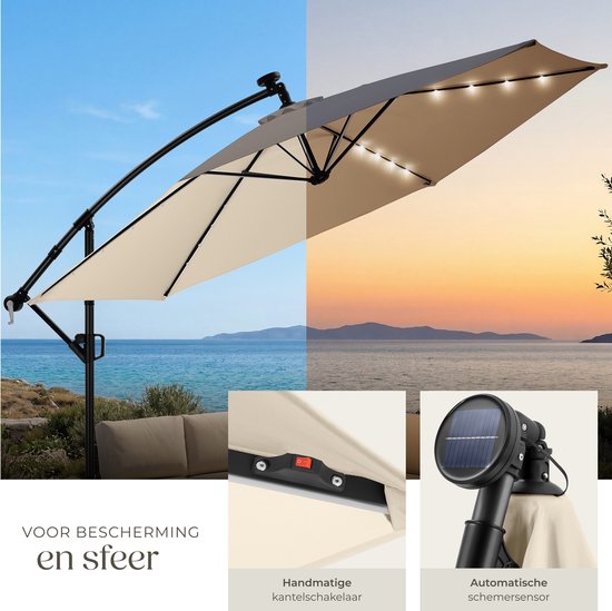 tectake® Zweefparasol met Voet - 3,5 x 3,5 m - Tuinparasol met LED-Verlichting op Zonne-Energie - Draaibaar - Waterafstotend Polyester met UV-Bescherming - Inclusief Hoes - Beige