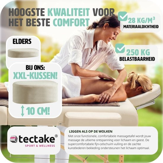 tectake® - Massagetafel met matras van 10 cm hoog + draagtas behandeltafel massage tafel - beige - behandelbank – incl. opbergtas – opvouwbaar